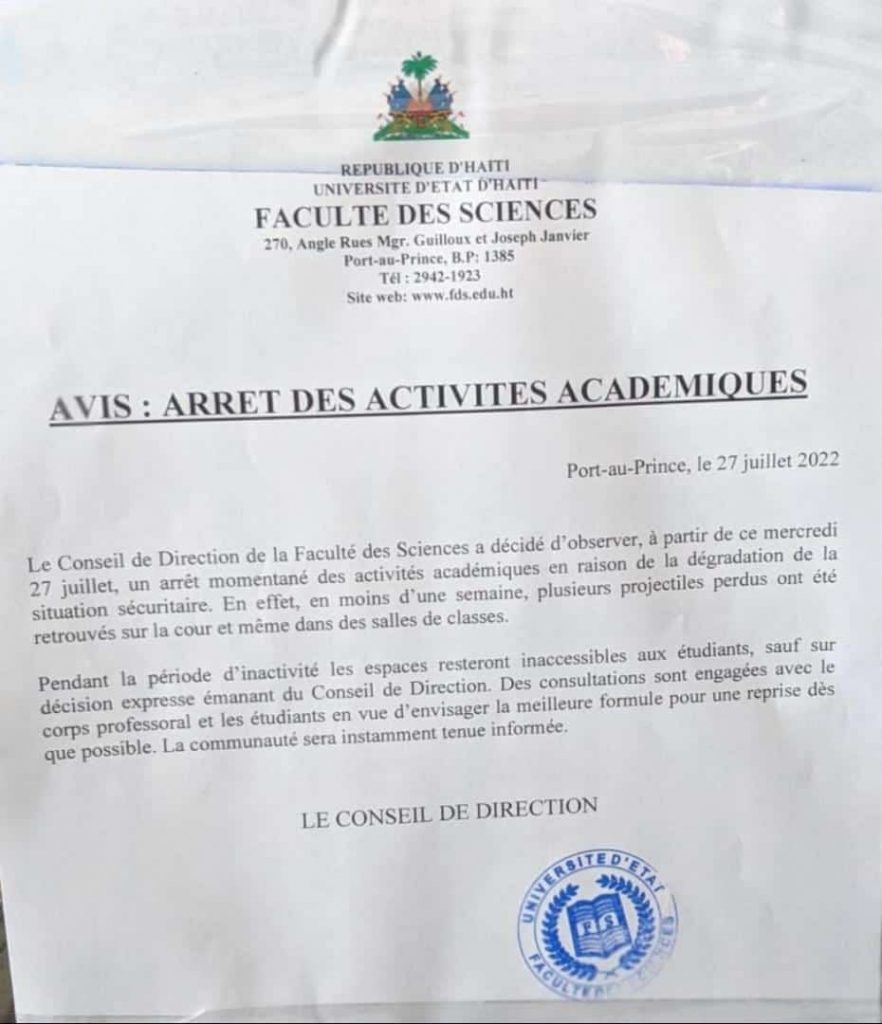 La Faculté des Sciences lance un avis d’arrêt de ses activités académiques