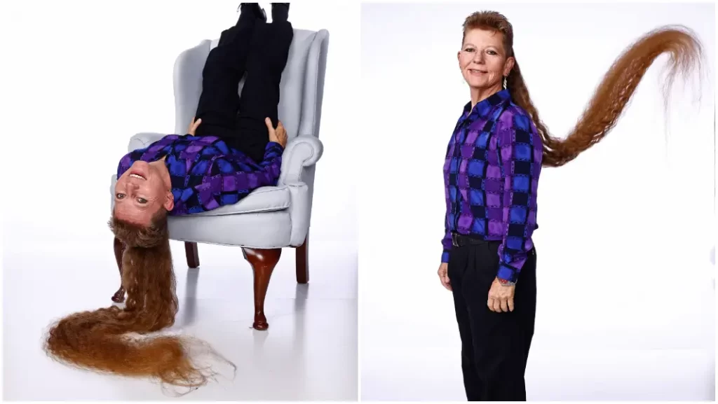 split image of tami manis upside down on a chair and her mullet tcm25 757642